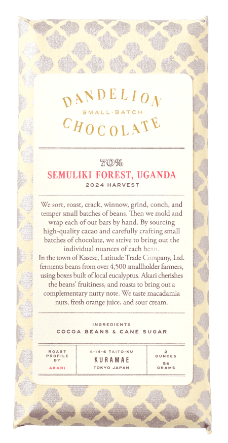 Dandelion Chocolate bar packaging from Semuliki Forest, Uganda, 2024 harvest.