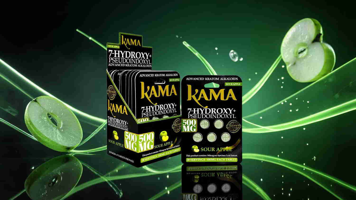 Kama product packaging with green apple slices and dynamic green background.