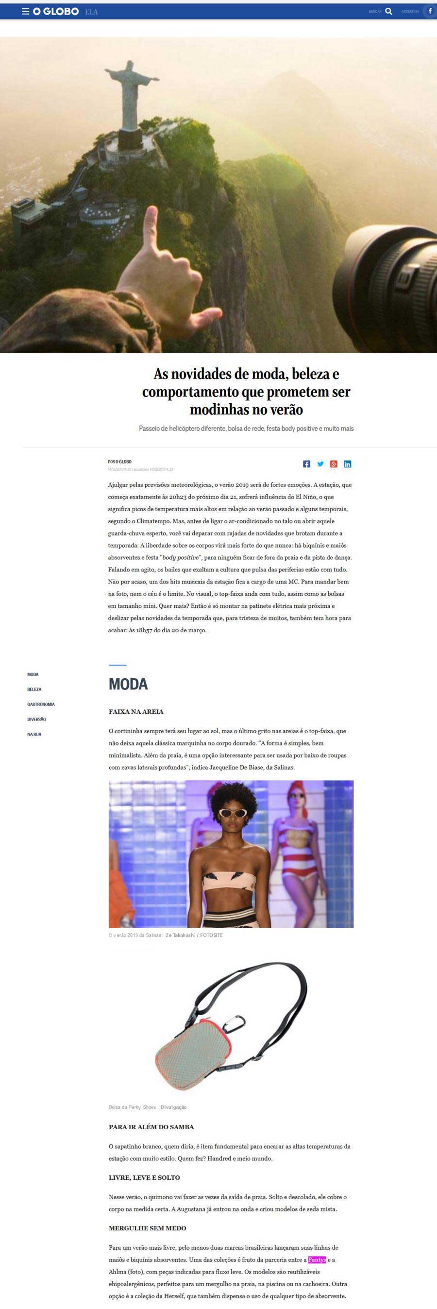 Página do site O Globo com notícia sobre: As novidades da moda, beleza e comportamento que prometem ser modinha no verão