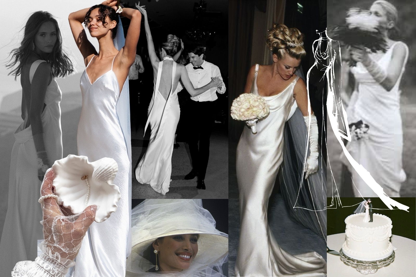 Collage of brides in elegant white dresses and wedding scenes.