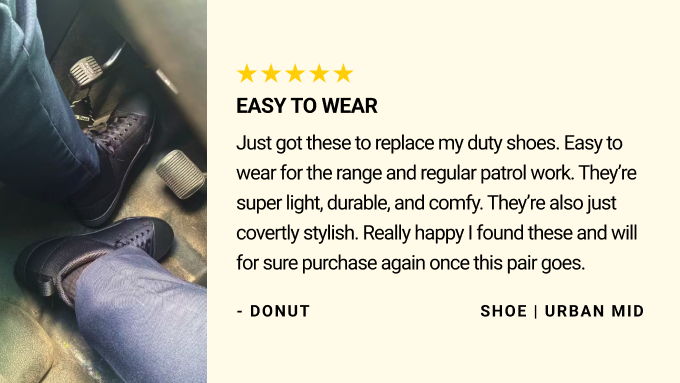 Customer review card with a cream background. Left side shows a close-up photo of a foot in a black Original S.W.A.T. Urban Mid shoe resting near vehicle pedals. Right side displays five yellow stars, bold heading 