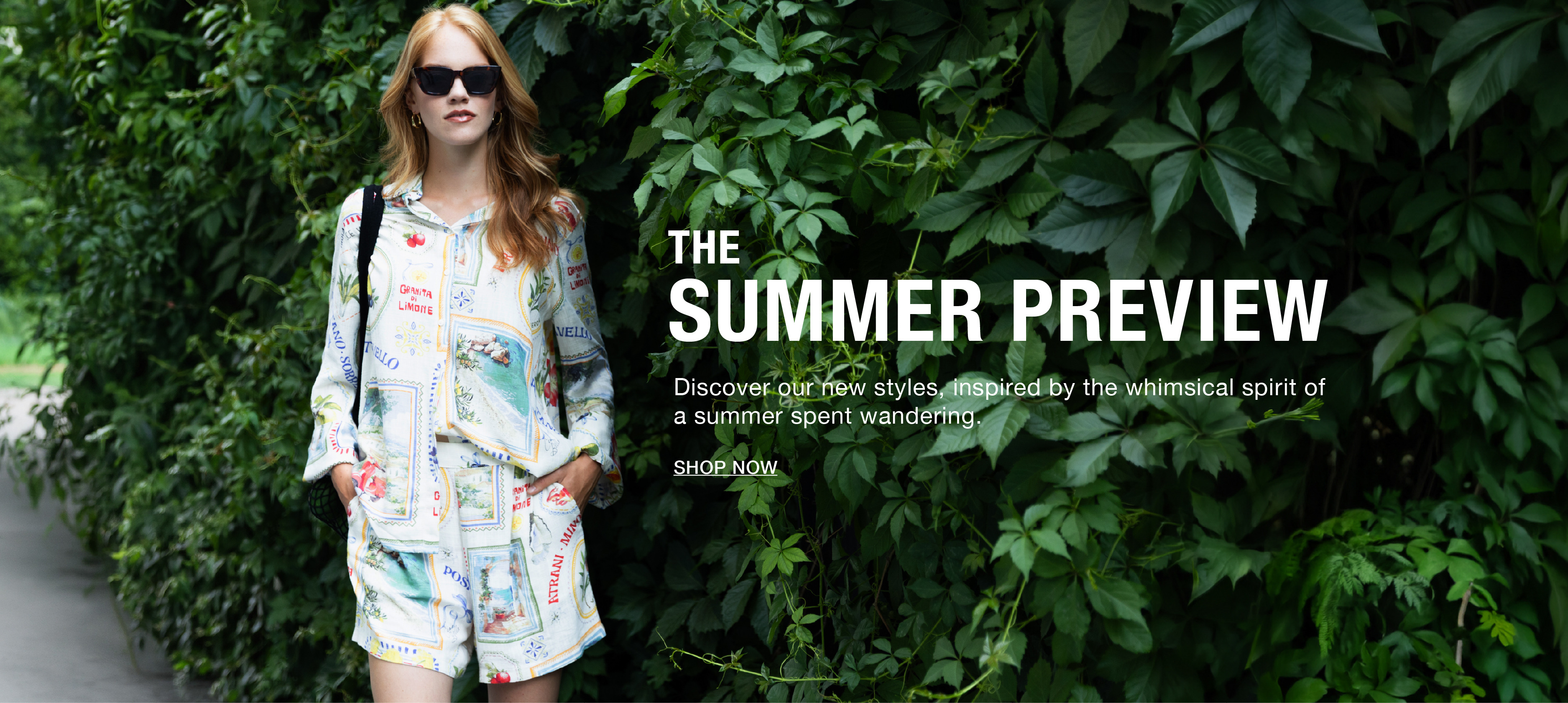 Person in sunglasses standing near greenery, promoting summer fashion preview.