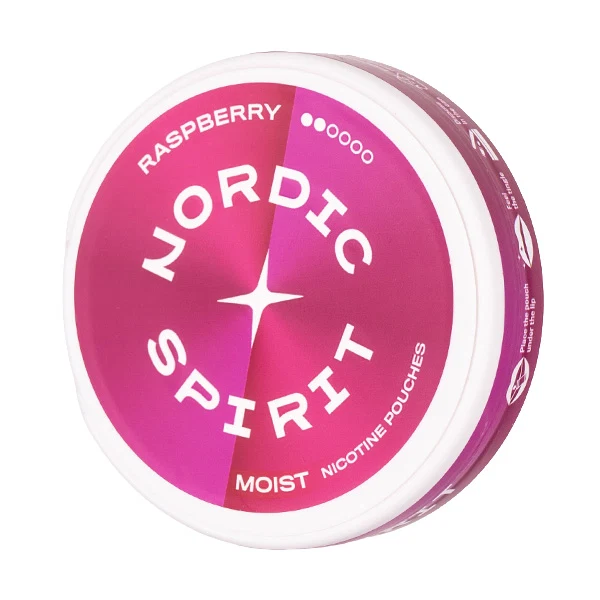 Container of Nordic Spirit raspberry moist nicotine pouches.