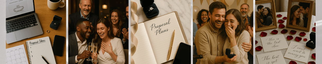 A collage of proposal-themed moments including engagement planning scenes, a couple celebrating an engagement, a diamond ring in a box, romantic proposal notes, and rose-petal decorations.