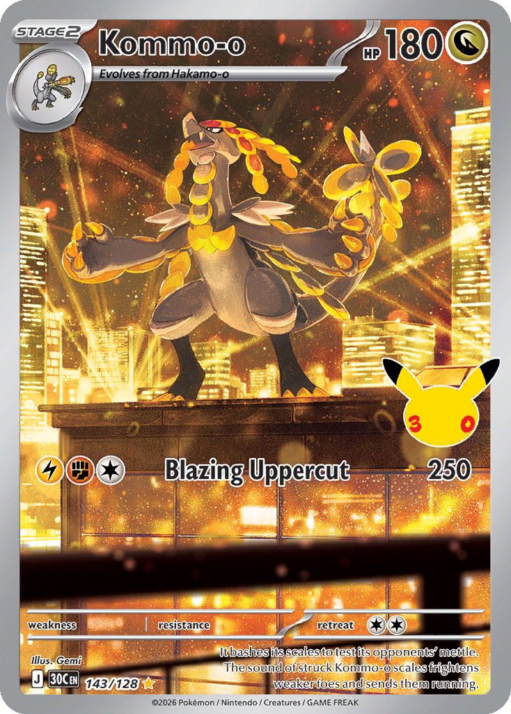 The Kommo-o Illustration rare Pokémon card from the Pokémon TCG's 30th Celebration expansion.