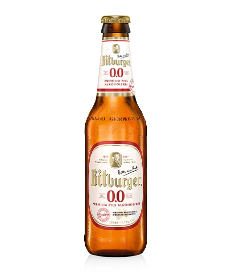 Bottle of Bitburger 0.0 non-alcoholic beer with label.
