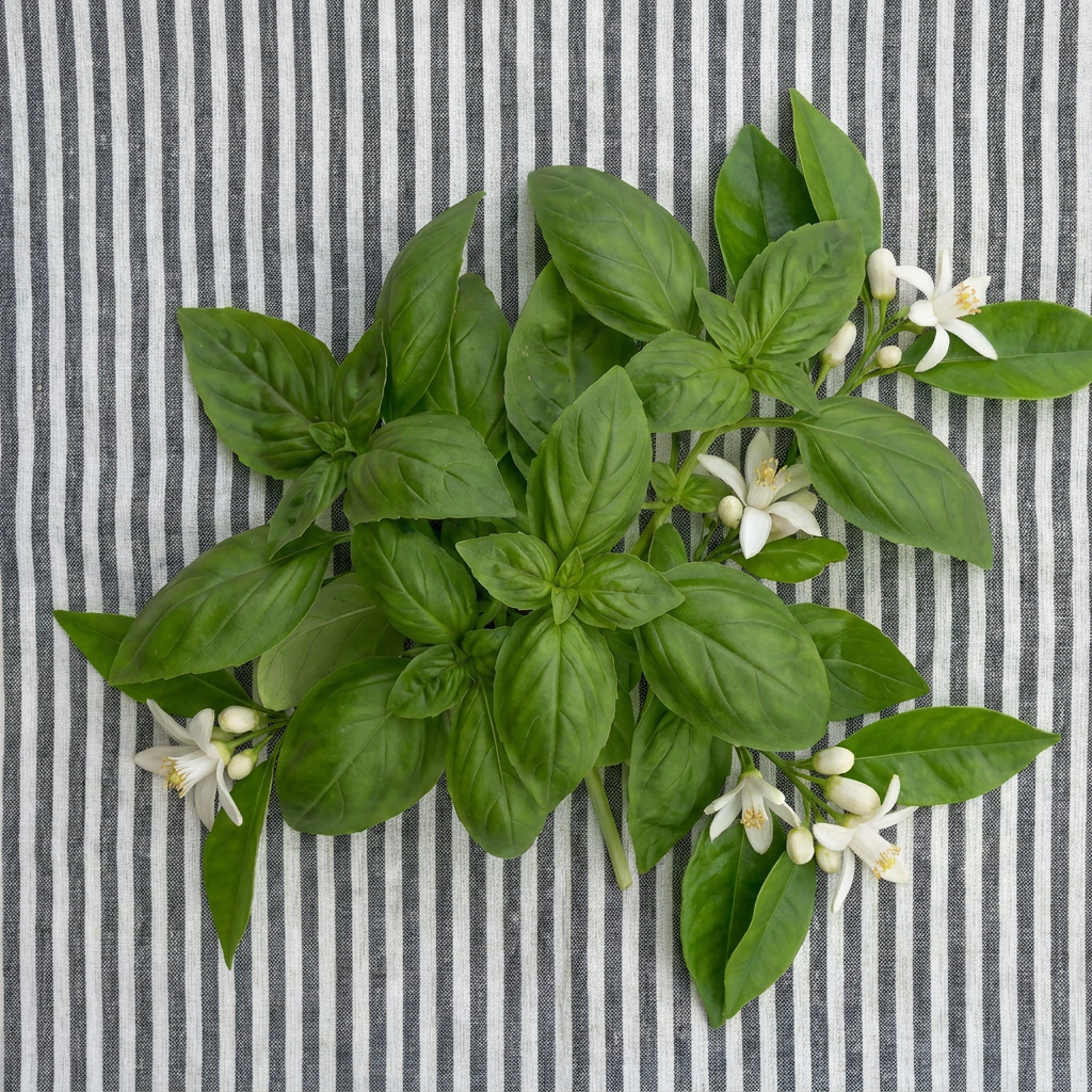 A bunch of basil leaves with small white flowers on striped fabric.