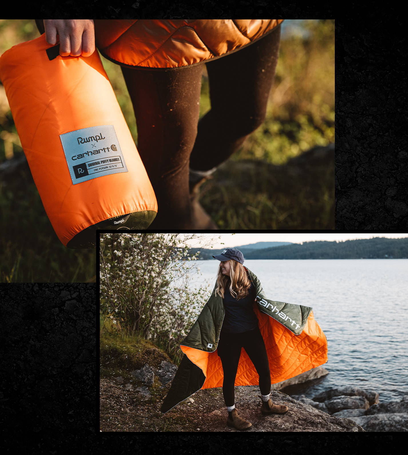 Woman wearing Rumpl X Carhartt green and orange blanket by the river