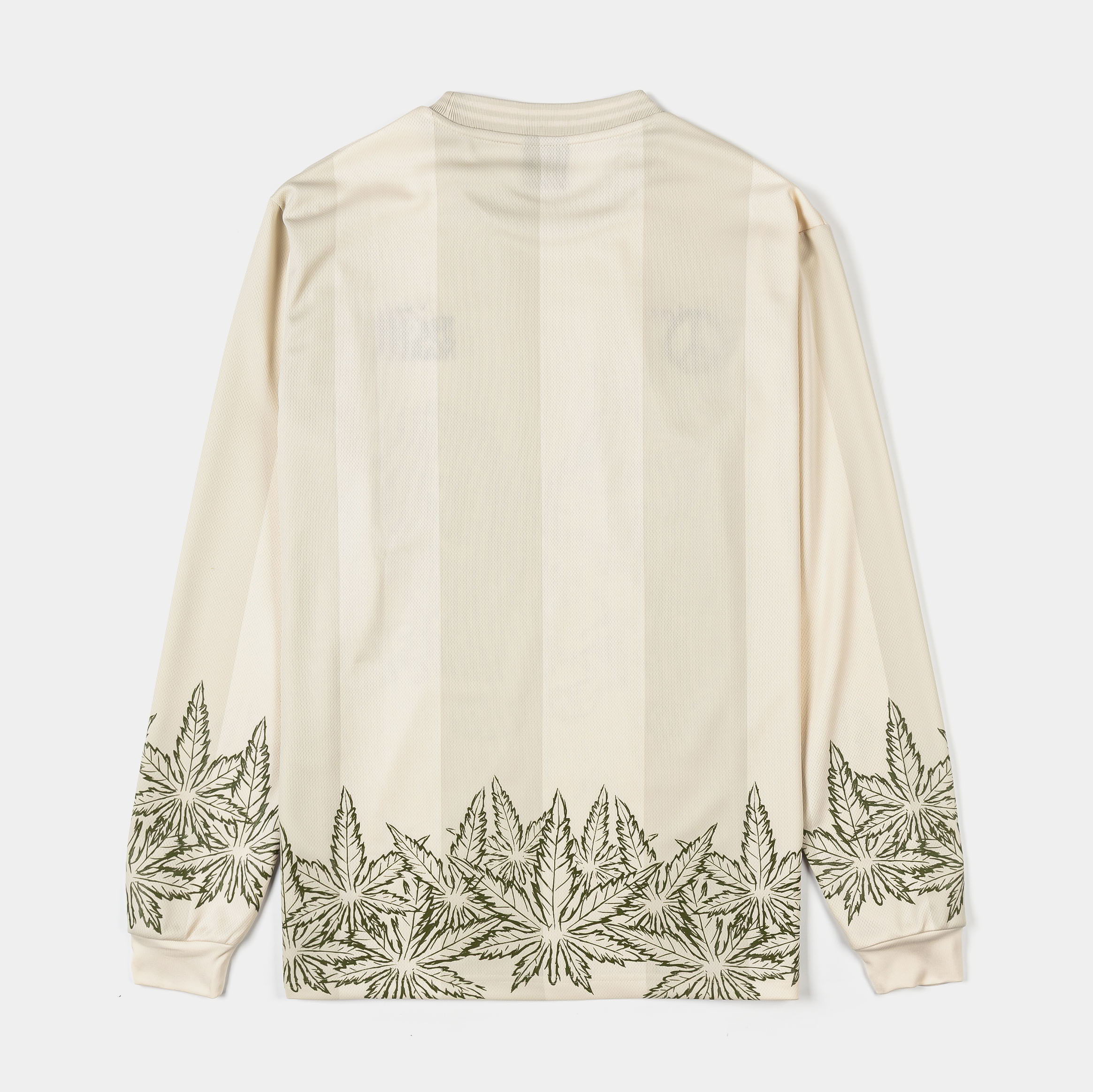 Long-sleeve shirt with lion graphic and cannabis leaf design at the bottom.
