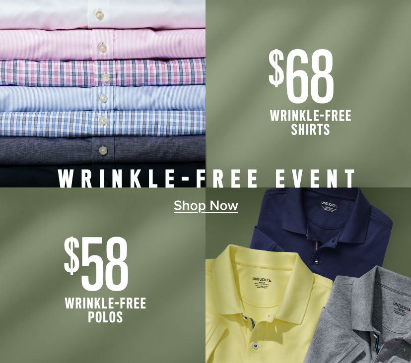 Wrinkle-free event with pricing for shirts and polos. Shop now.