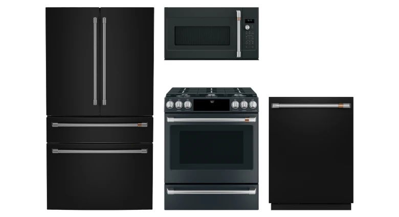 Black kitchen appliances including a refrigerator, microwave, oven, and dishwasher.