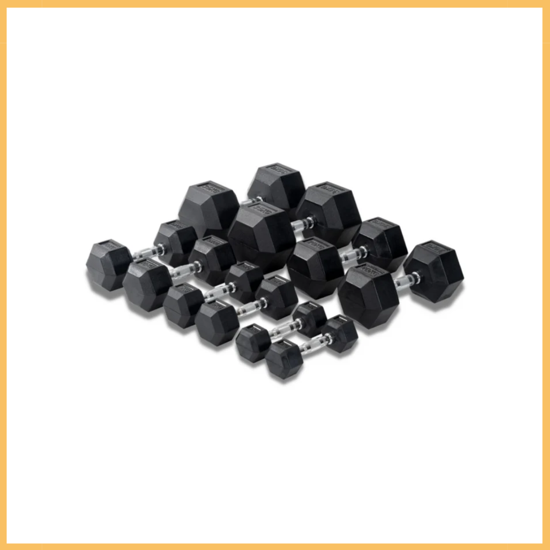 A set of black hexagonal dumbbells in various sizes.