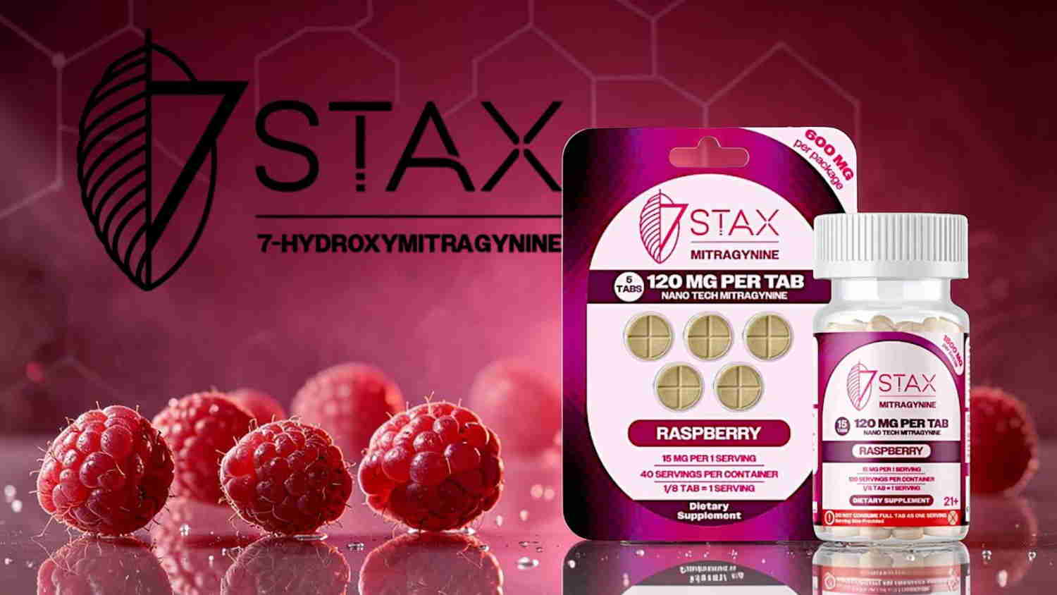 7STAX product packaging with raspberries on a pink background.