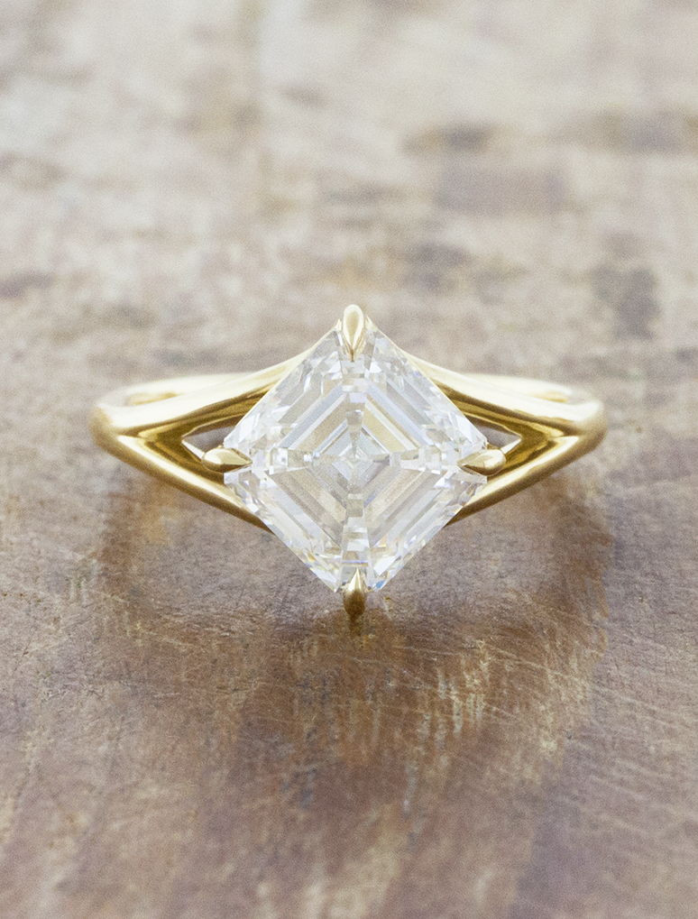 caption:Shown with 2.76ct asscher cut diamond in 14k yellow gold 