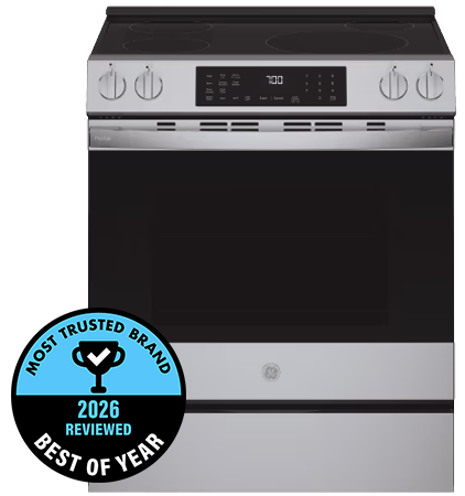 Stainless steel kitchen oven with award badge for best brand 2026.