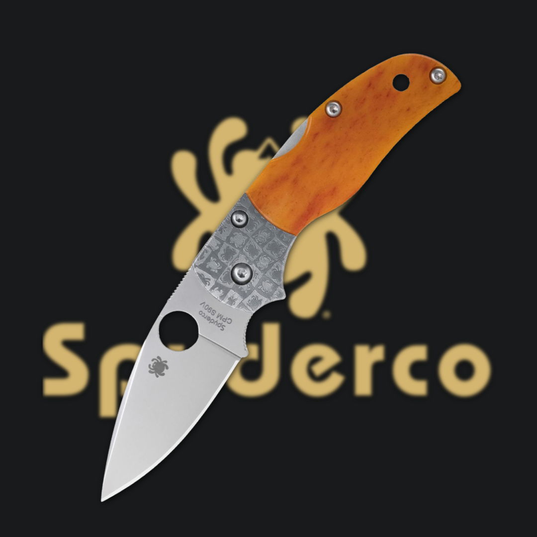 Folding knife with wooden handle and logo in background.