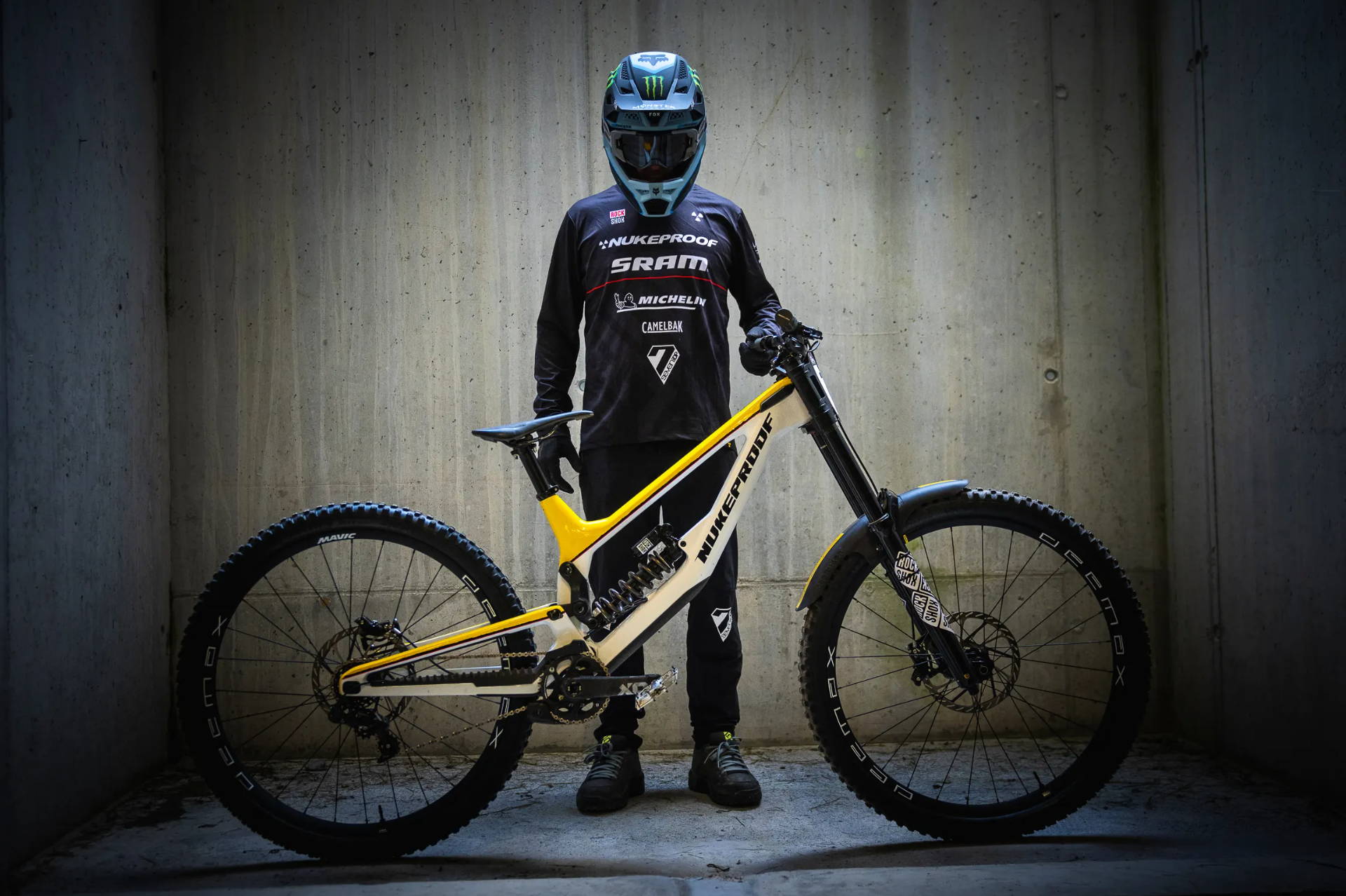 Downhill and enduro legend Sam Hill and his Nukeproof Dissent Carbon bike.