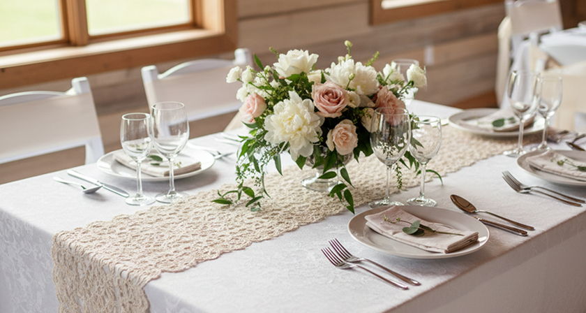 Wedding table with white damask tablecloth, lace runner, and white peonies centerpiece.