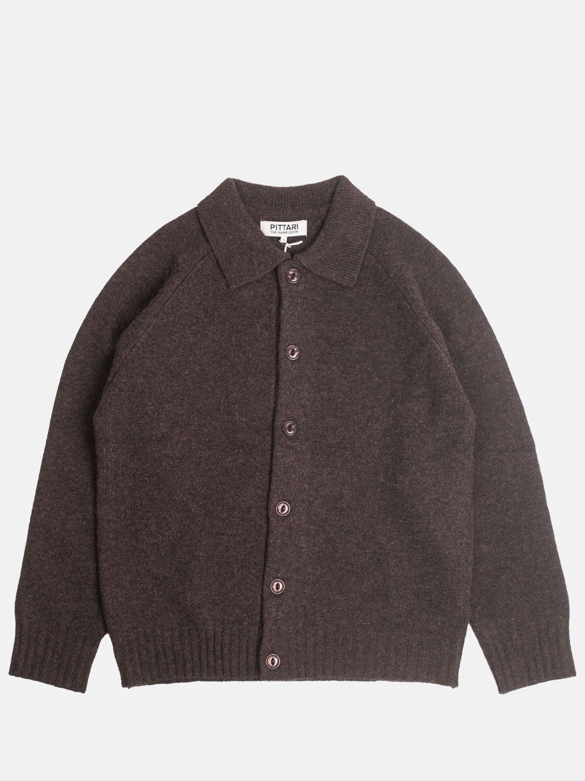Brown button-up cardigan with a collar.