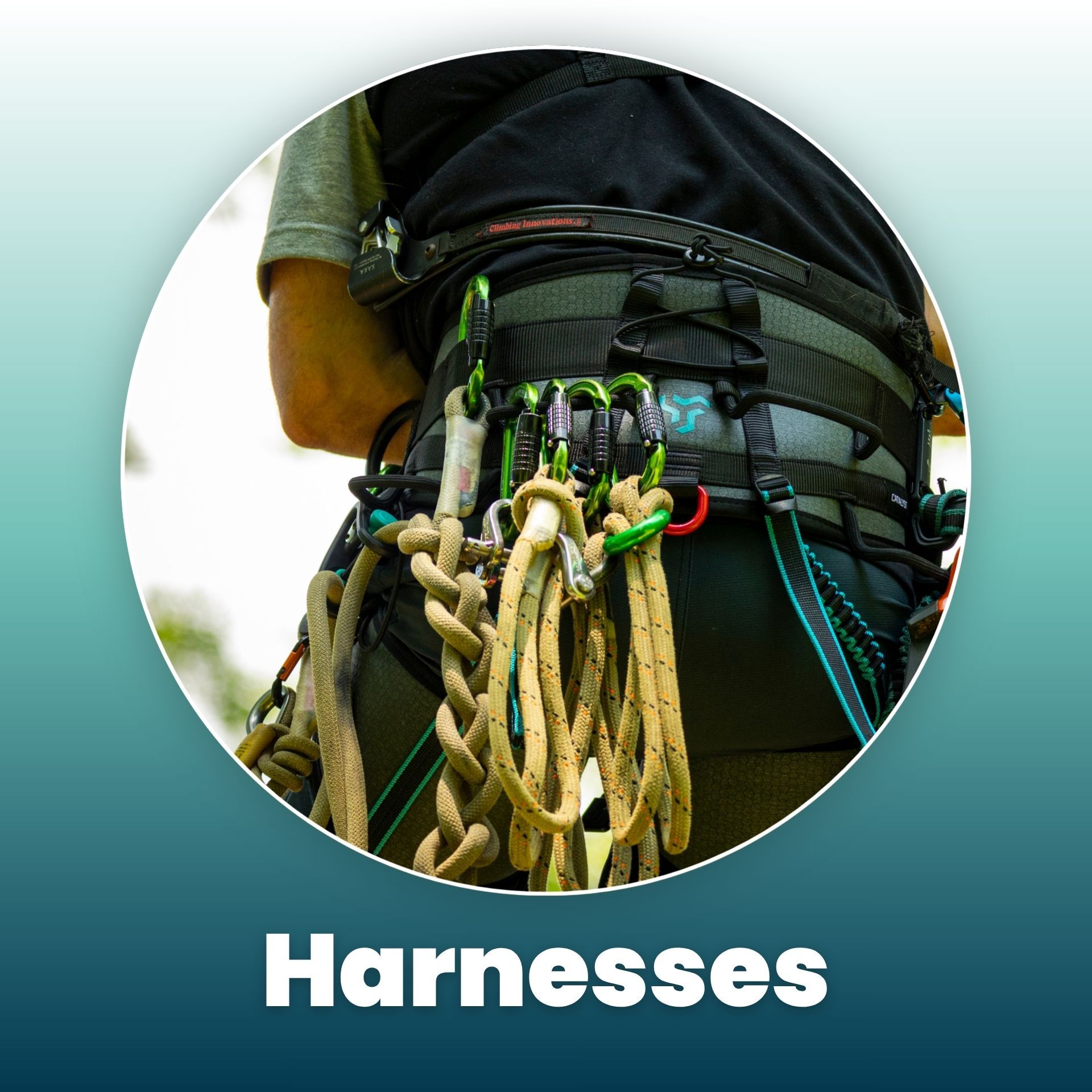 Image of a person wearing a harness with climbing gear attached.