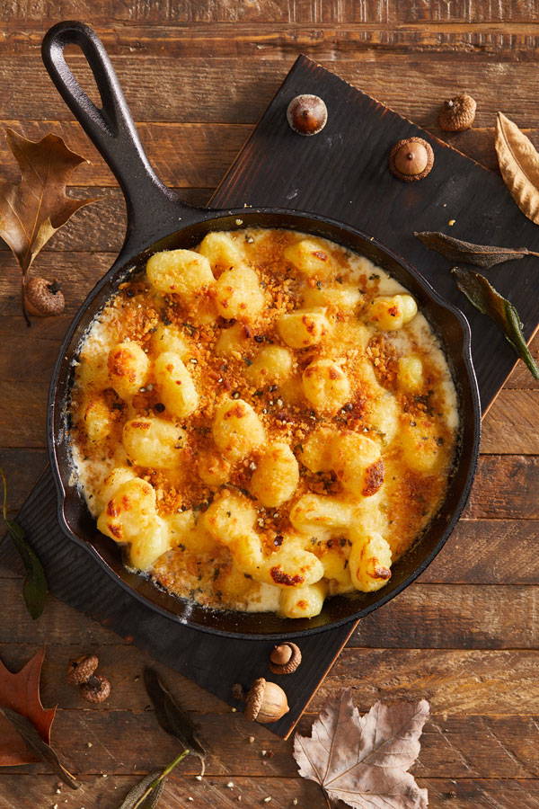 Gnocchi Mac and Cheese in a cast-iron skillet