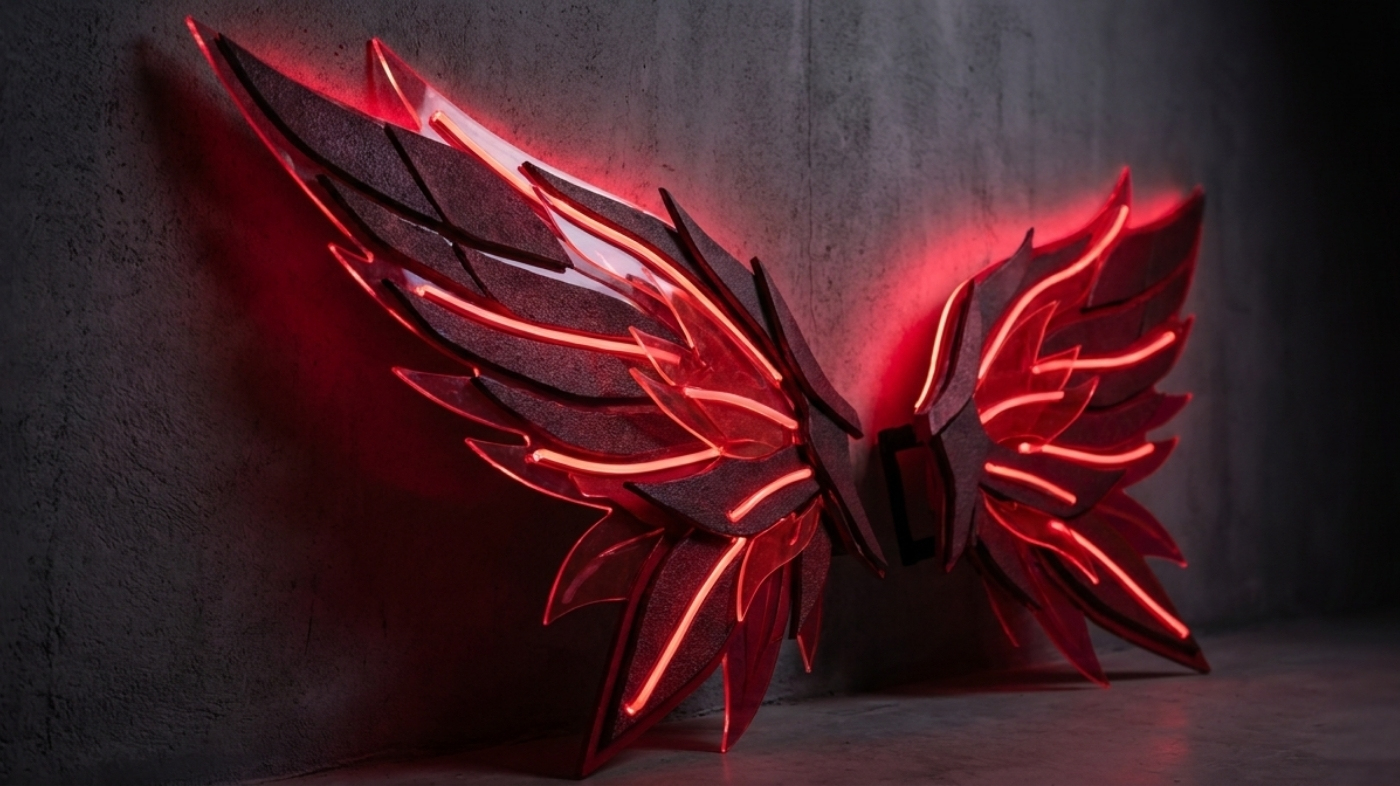 Handmade crimson kagune wing props with red LED backlighting for a Touka Kirishima cosplay