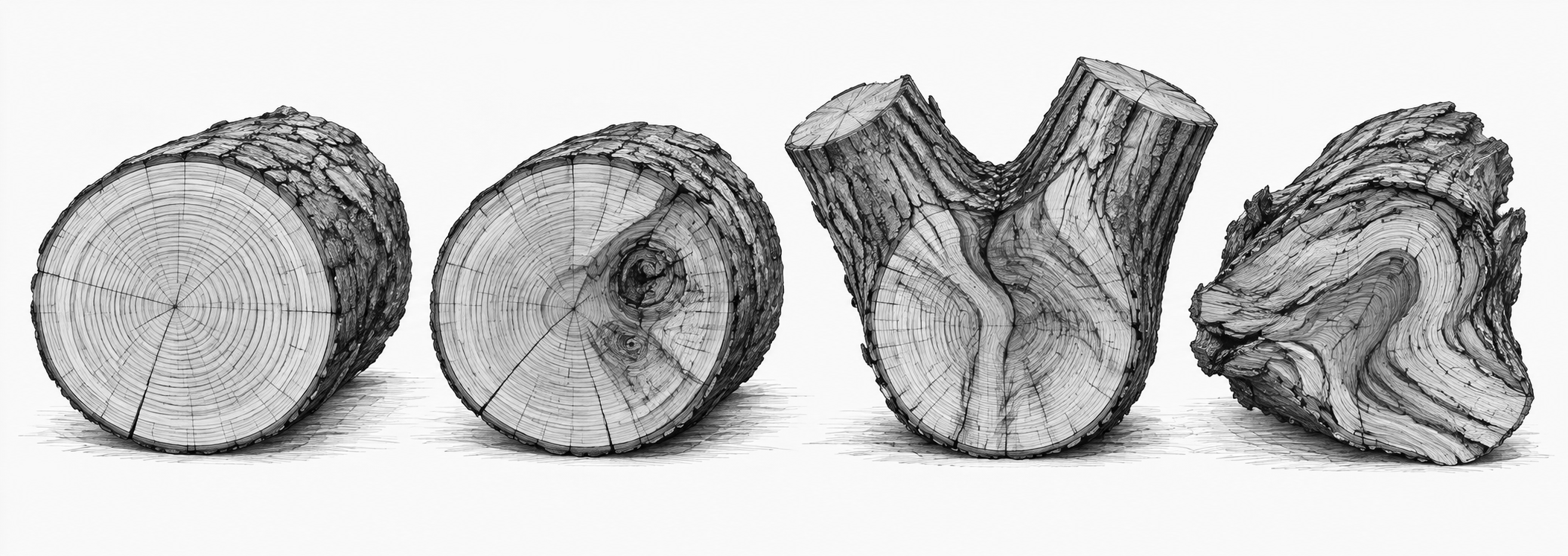 Four pieces of cut wood showing different cross-sections and shapes.