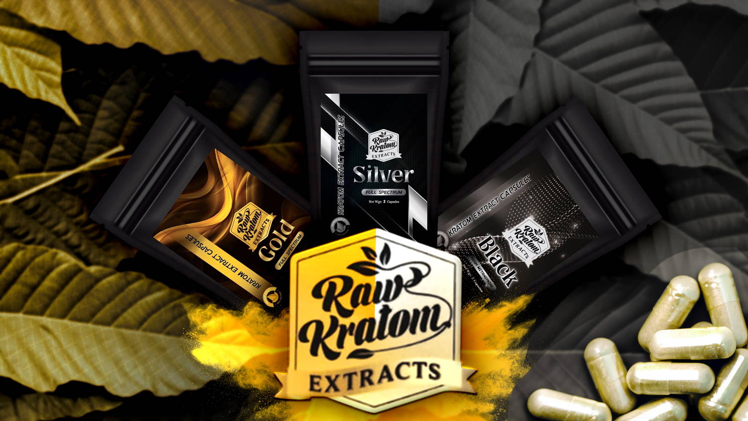 Raw Kratom Extract Capsules Bundle Black, Silver, and Gold Banner
