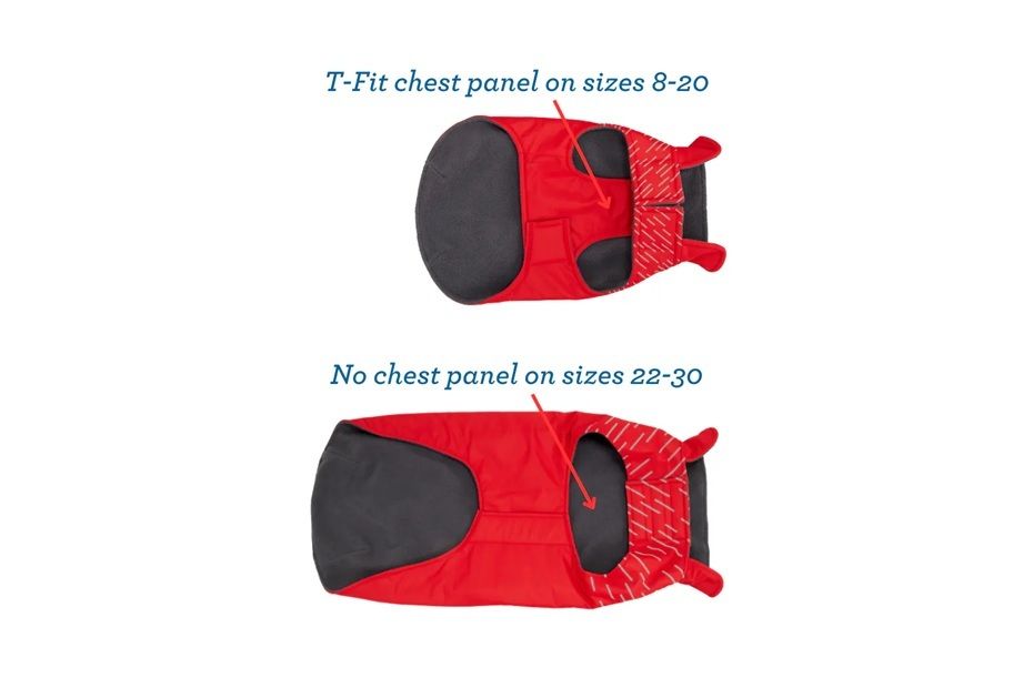 Comparison of two red garments with different chest panel designs.
