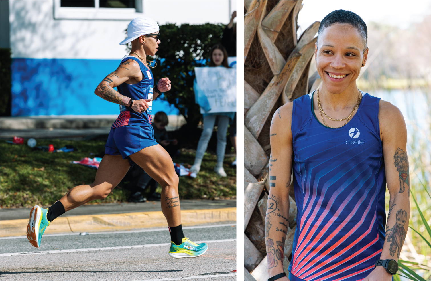 Left: Ari Hendrix-Roach racing during the Olympic Marathon Trials. Right: Portrait of Ari in her Oiselle uniform