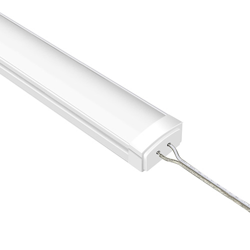 LED light fixture with a white casing and electrical wires.