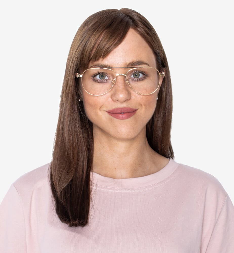 woman wearing Purpose Gold, large metal aviator glasses for oval face shape, on a white background
