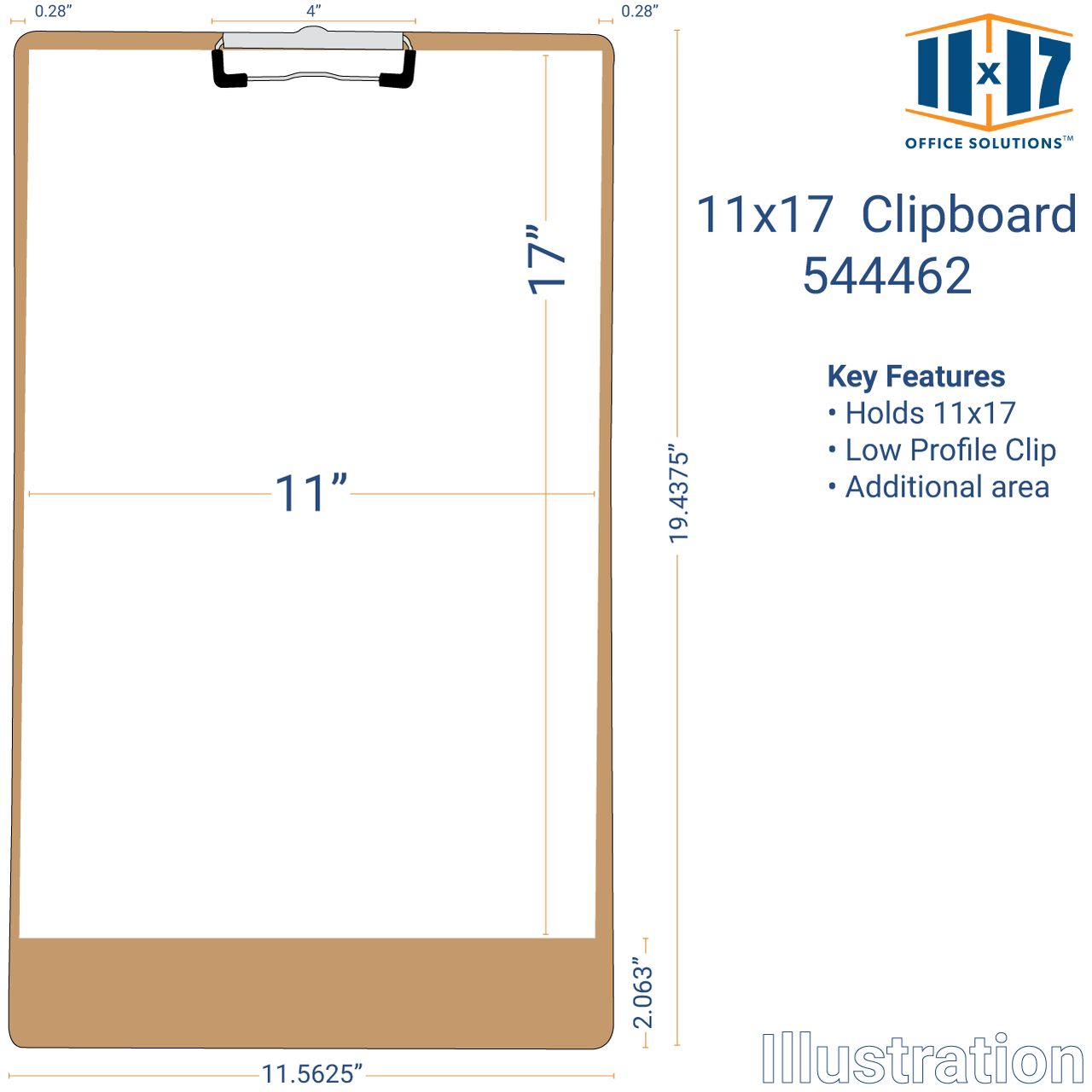 Illustration of the 11x17 Clipboard light brown with low profile clip