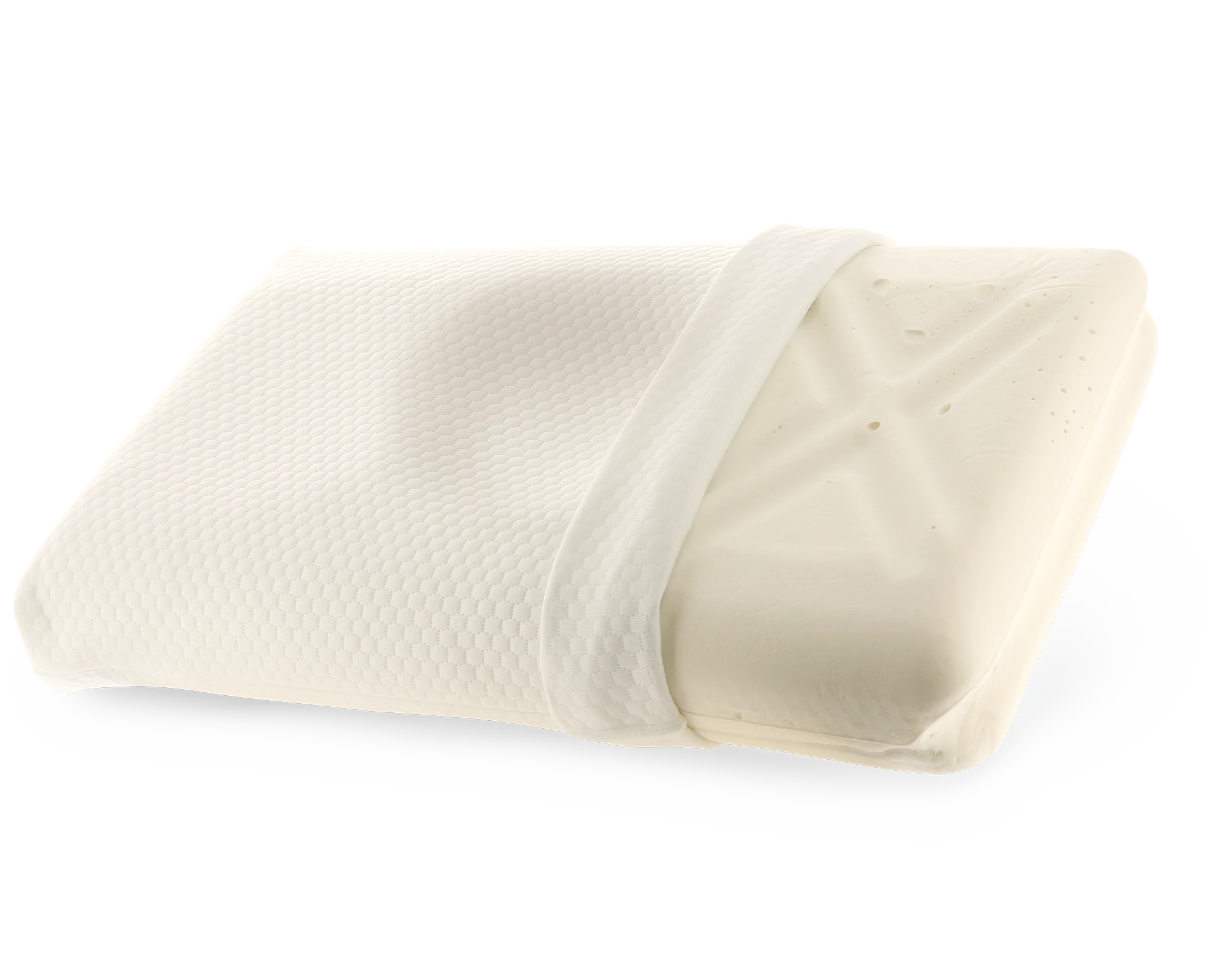 Tri-Core® Ultimate Pillow with a removable, zippered cover partially opened to reveal the supportive foam core inside. Product image highlighting the combination of a contoured fiber pillow and internal foam core designed to promote proper neck alignment, support the head during sleep, and provide lasting comfort.