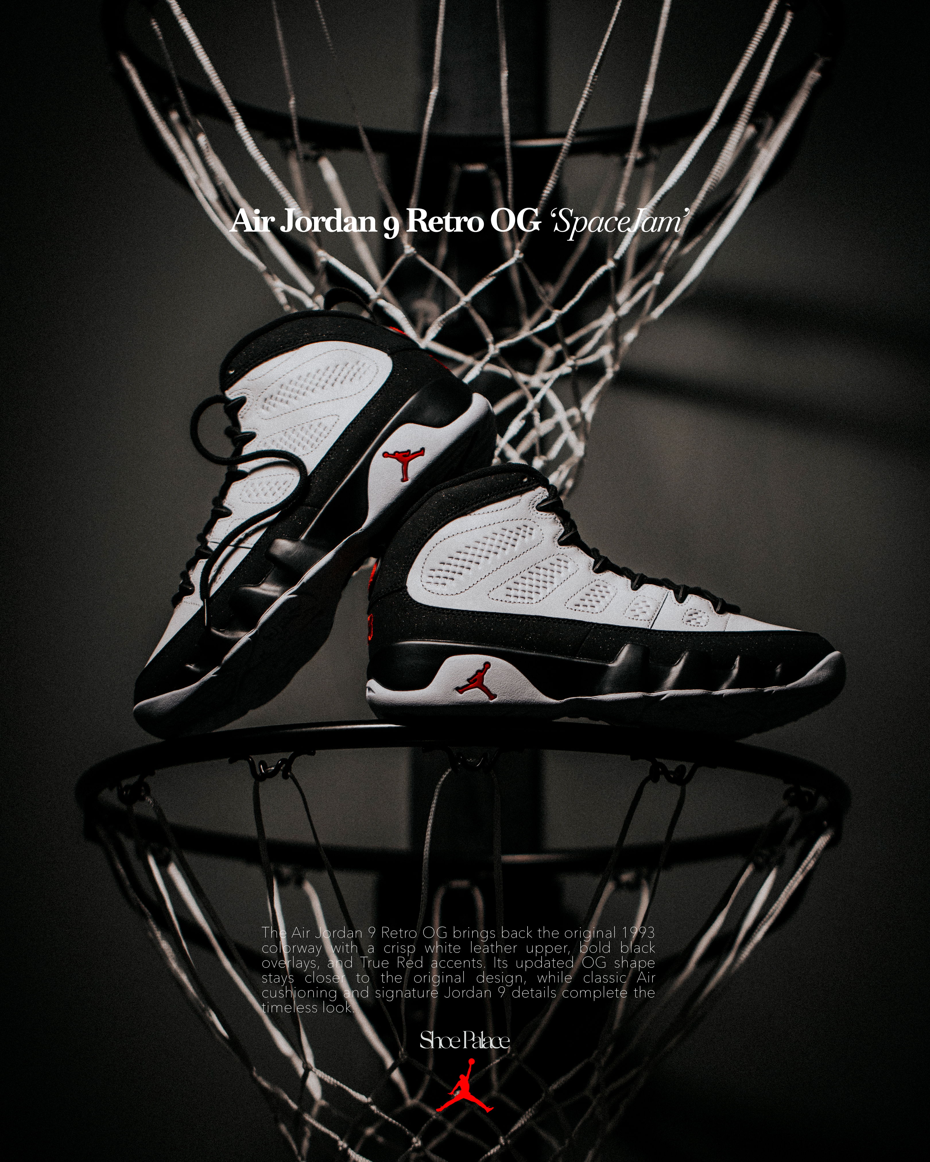 Air Jordan 9 Retro sneakers displayed on a basketball hoop.