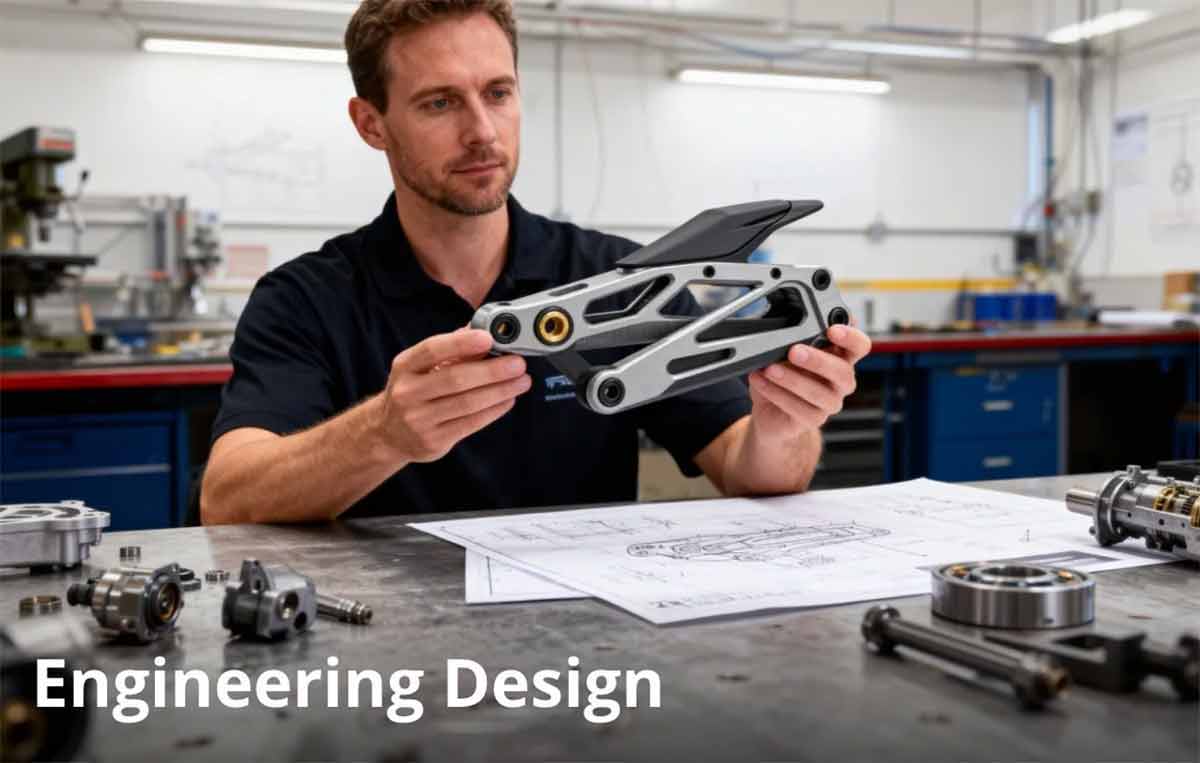 Person examining a mechanical part in an engineering design workspace.