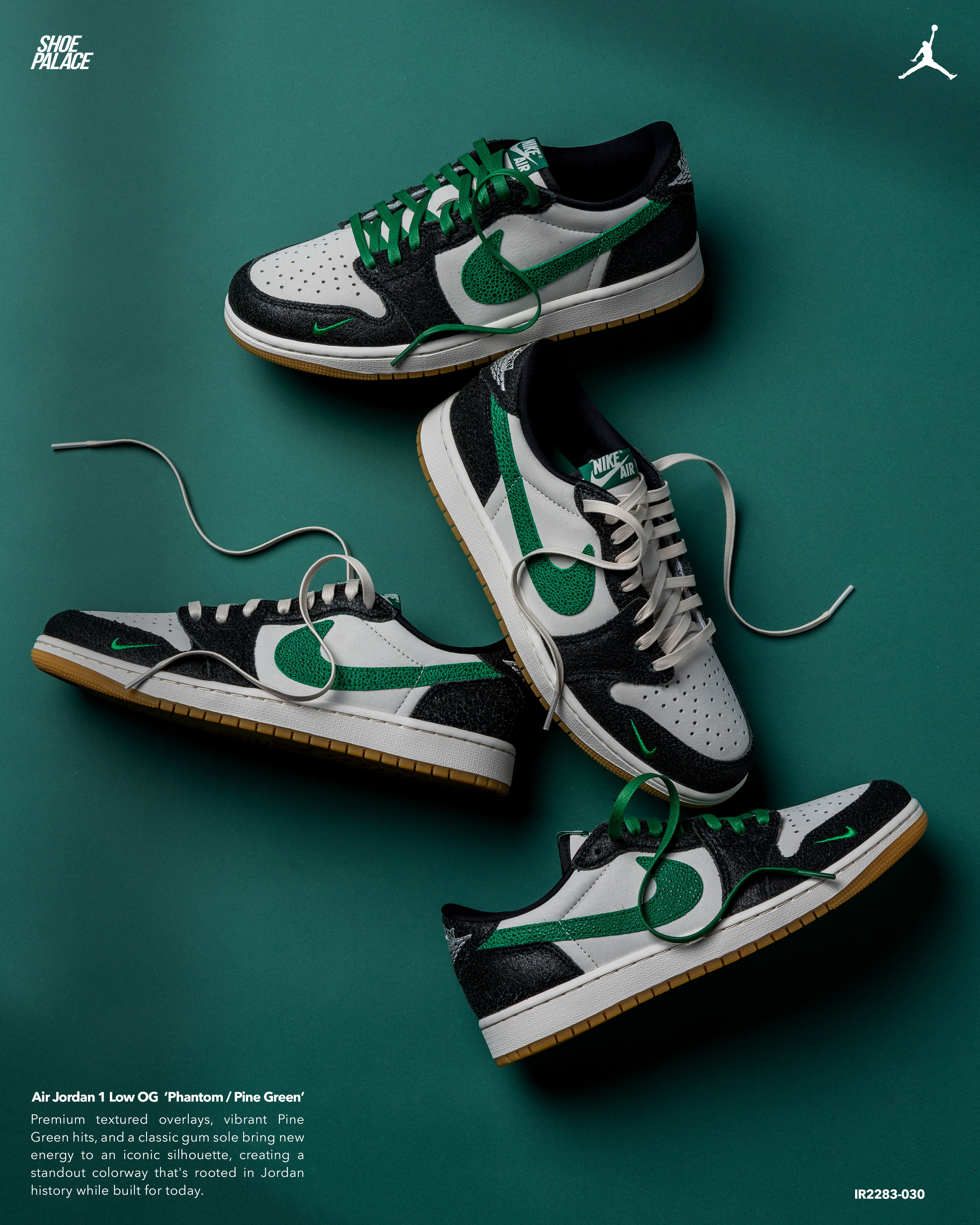 Four pairs of Nike sneakers on a green background.