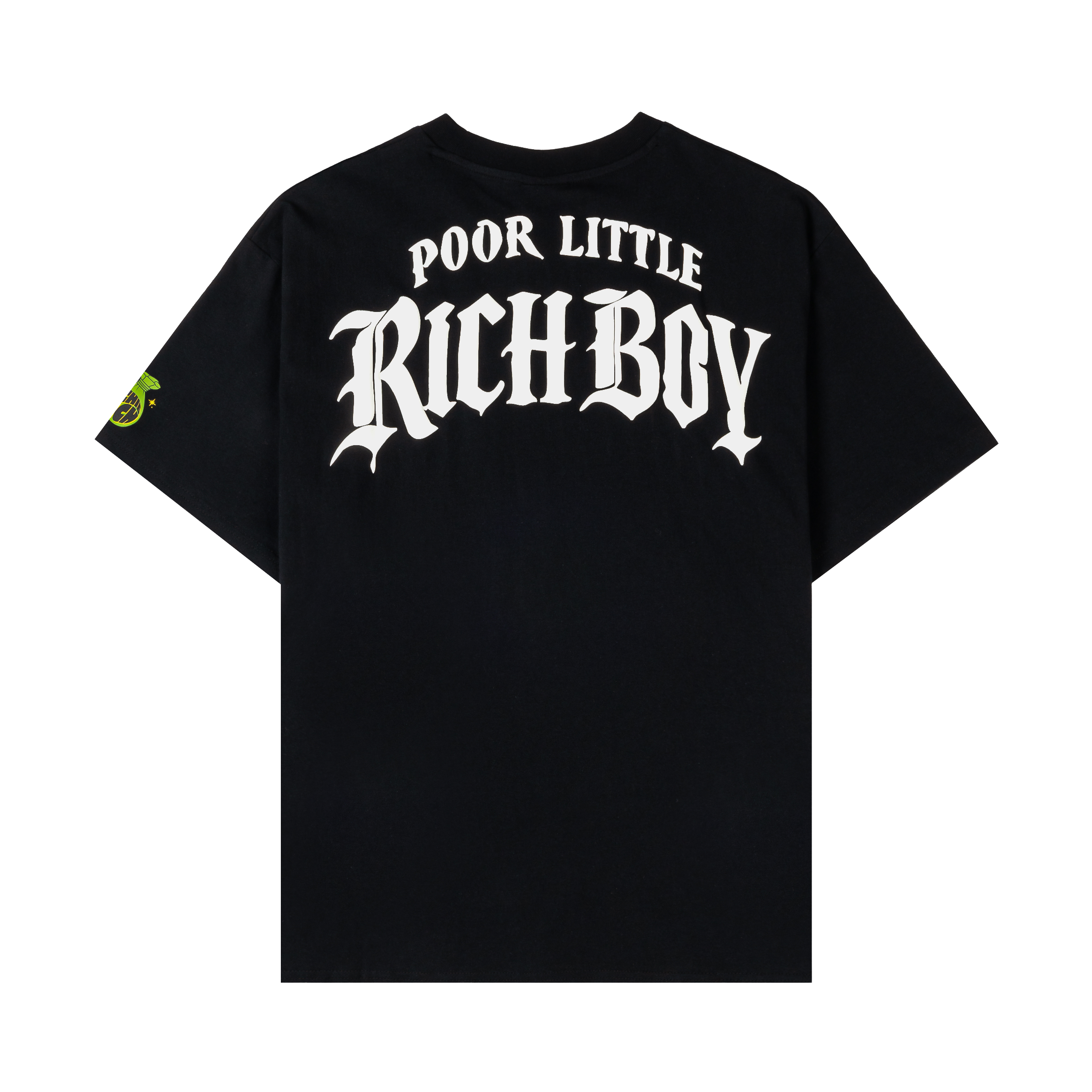 Black t-shirt featuring a colorful graphic design with cartoon characters.