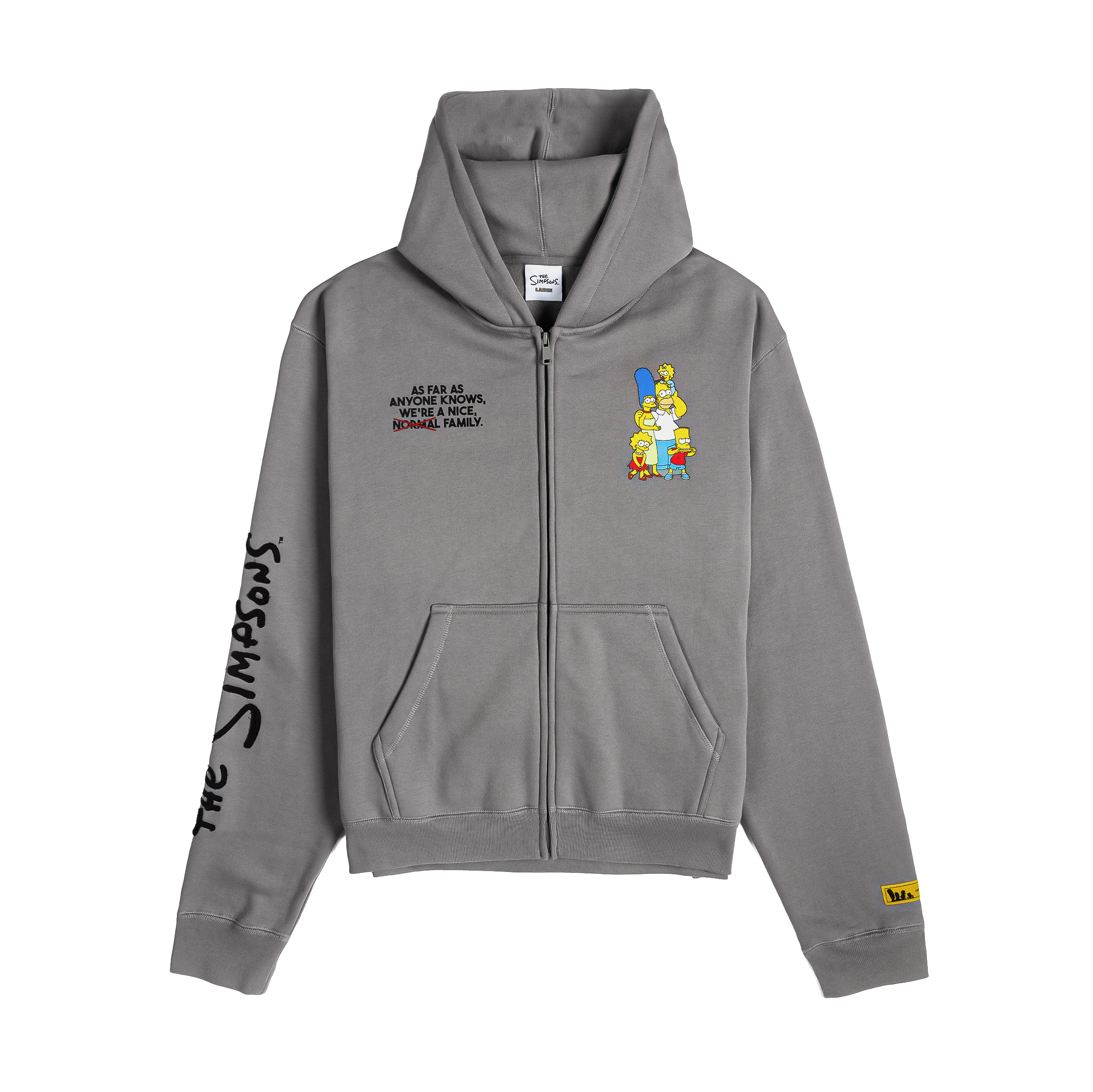 Gray zip-up hoodie with colorful cartoon character and text design.