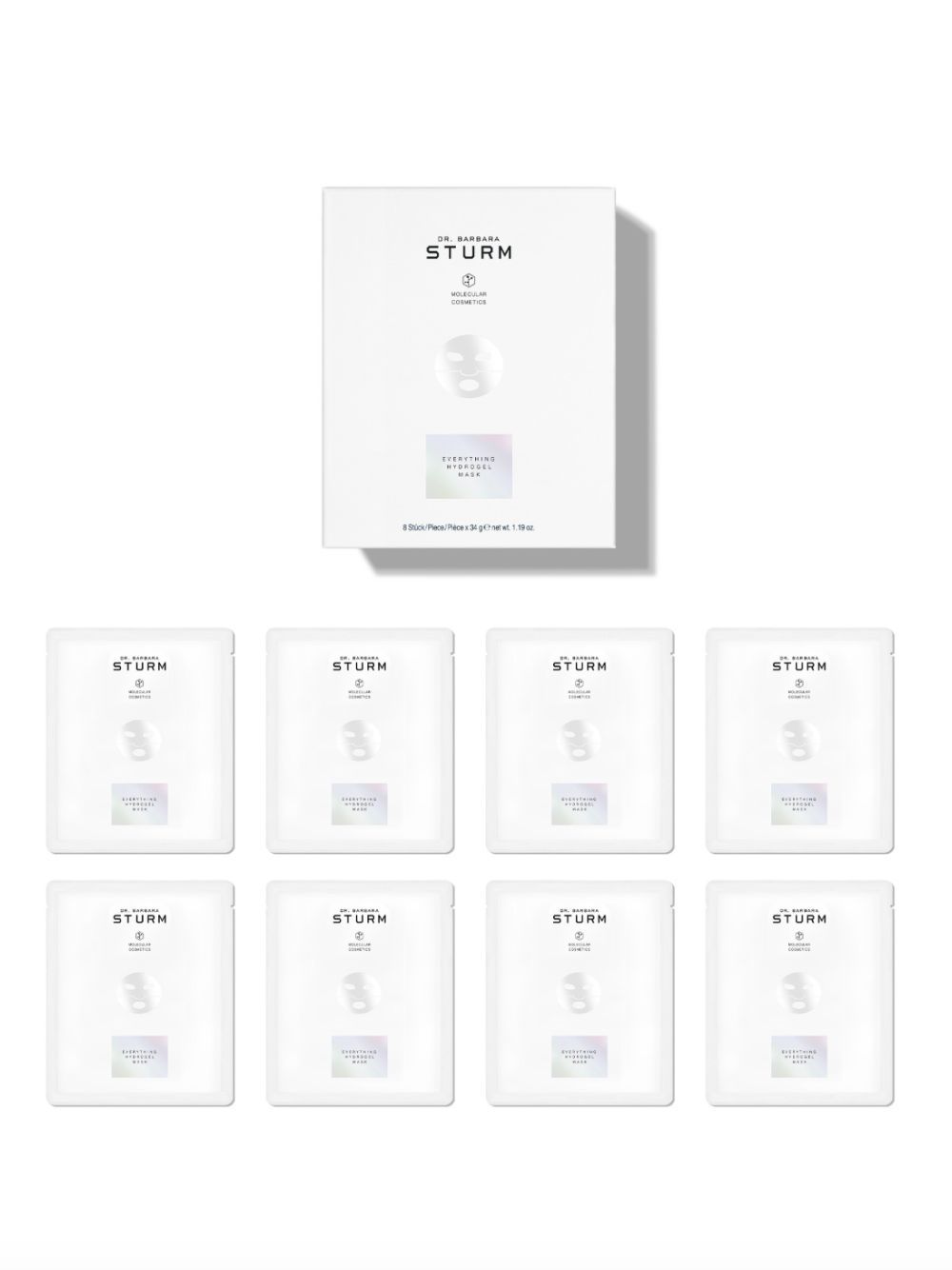 Eight skincare product boxes arranged around a central larger box.