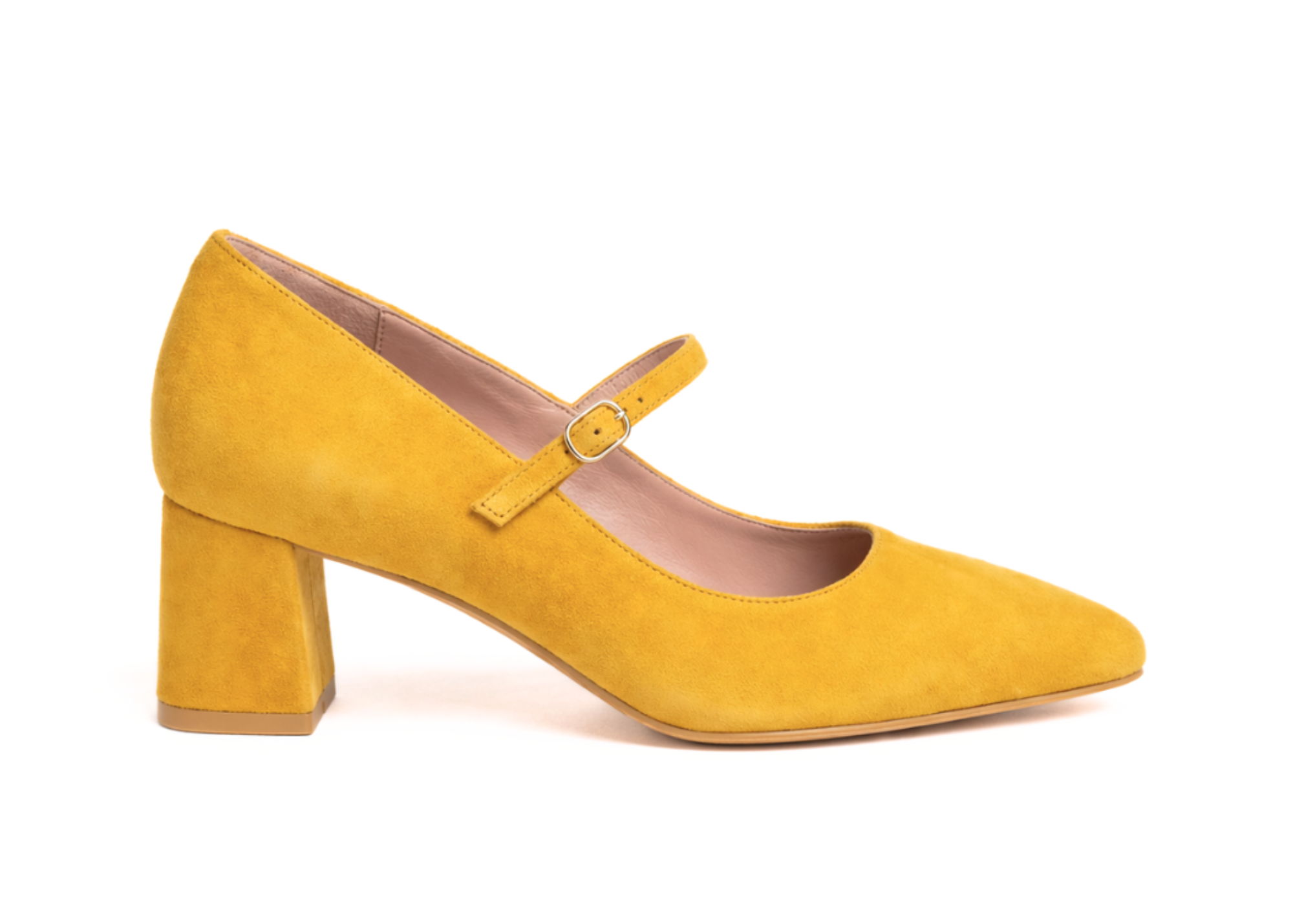 Yellow suede Mary Jane heels with a chunky heel.