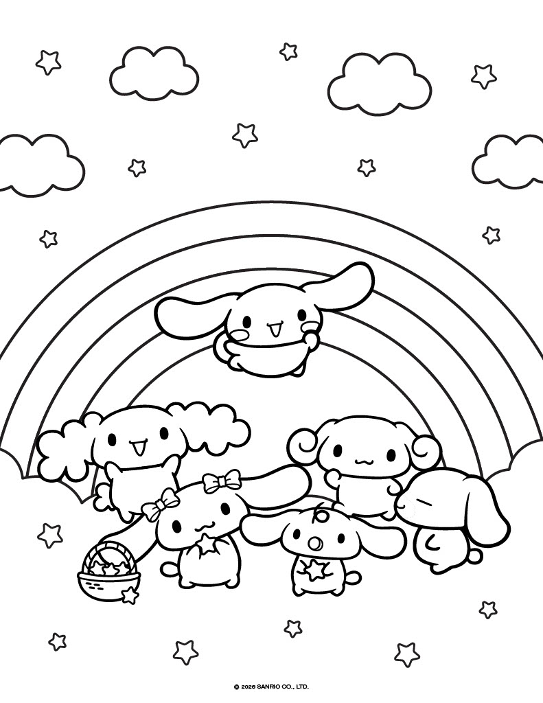 Cinnamoroll and friends under a rainbow with clouds and stars.