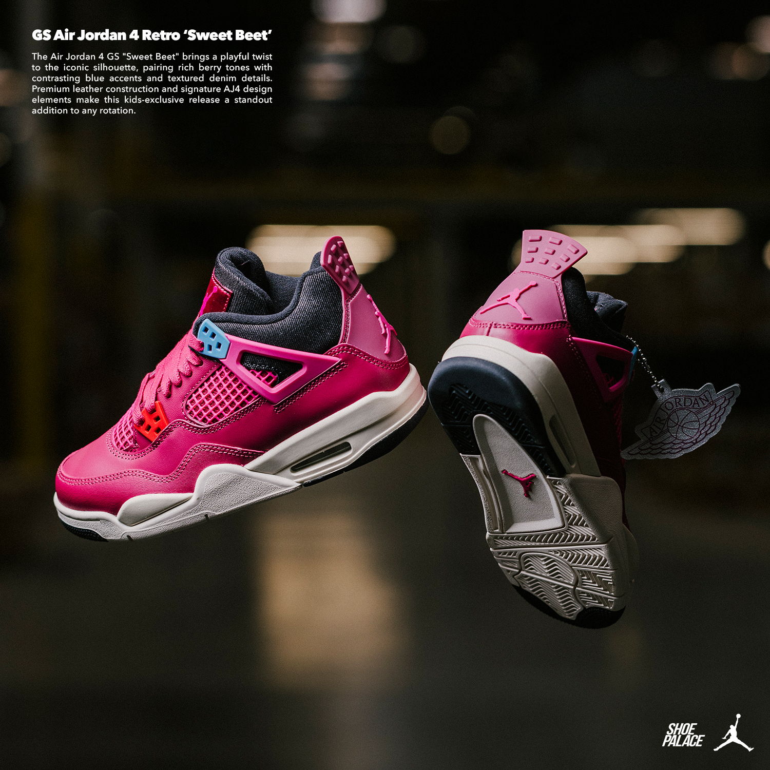 Air Jordan 4 sneakers in vibrant pink colorway, displayed from multiple angles.