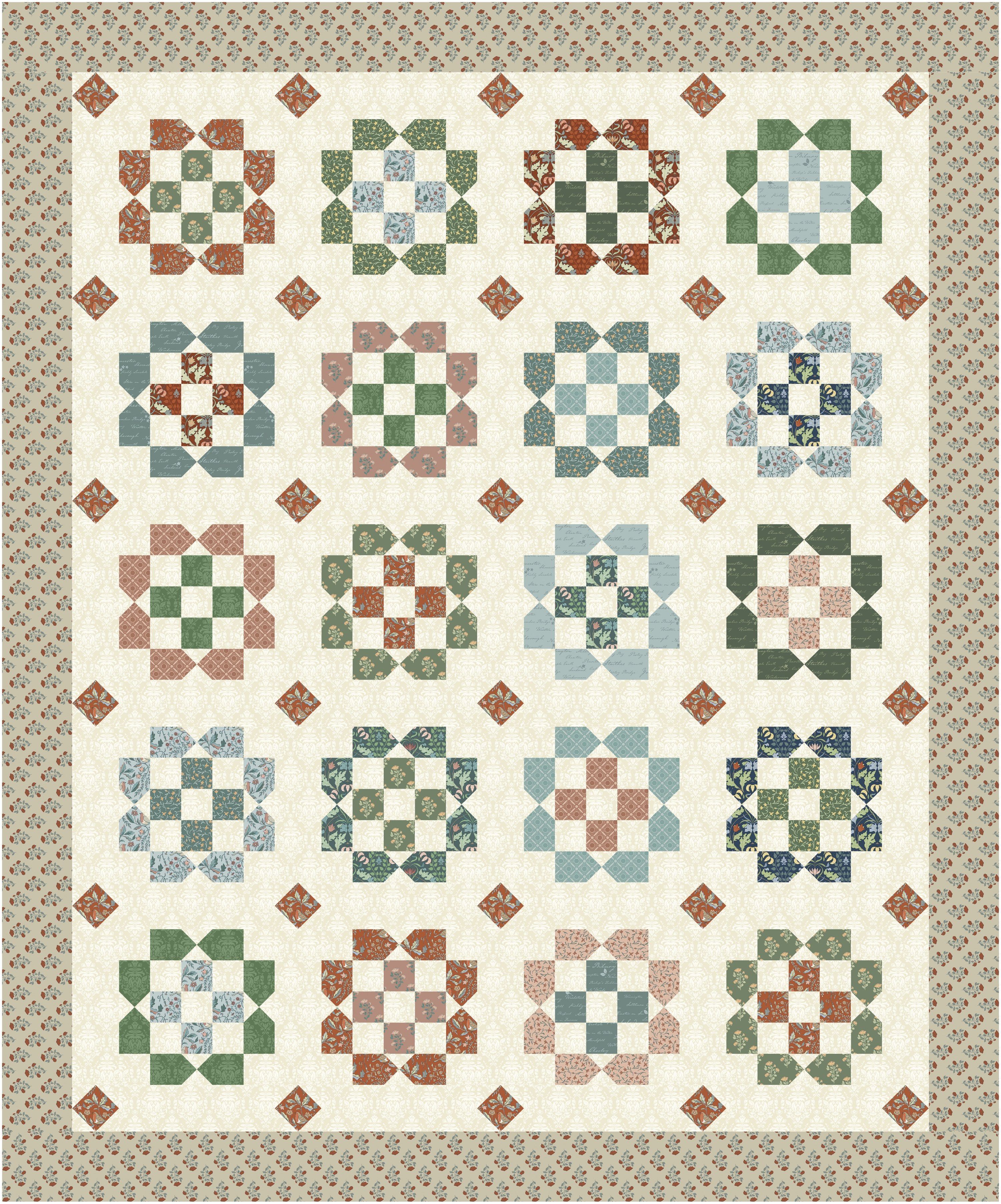 Colorful quilt pattern with floral designs arranged in a grid layout.