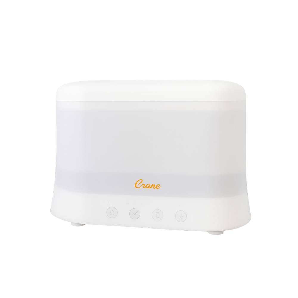 A white, modern crane humidifier with control buttons on the front.