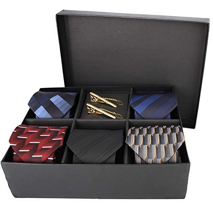 Limited Edition, Luxury Men's Necktie Collections in Gift Box, 5 Italian Fabric Neckties, 2 Modern Tie Bars, Handcrafted Designer Gift Box