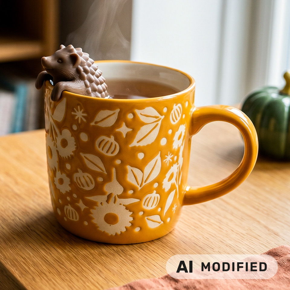Un(e) tasse fumant(e) avec des motifs floraux et un petit infuseur à thé en forme de hérisson.