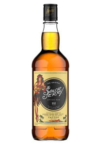 Bottle of rum with vintage label featuring a pin-up girl.