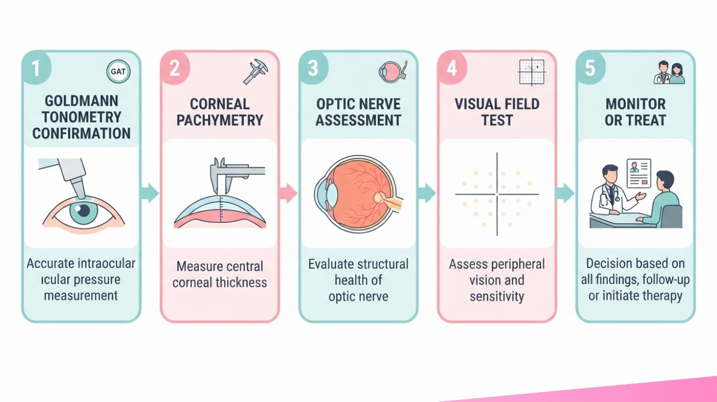 Flowchart showing the clinical steps that follow a high eye pressure reading from an air puff test