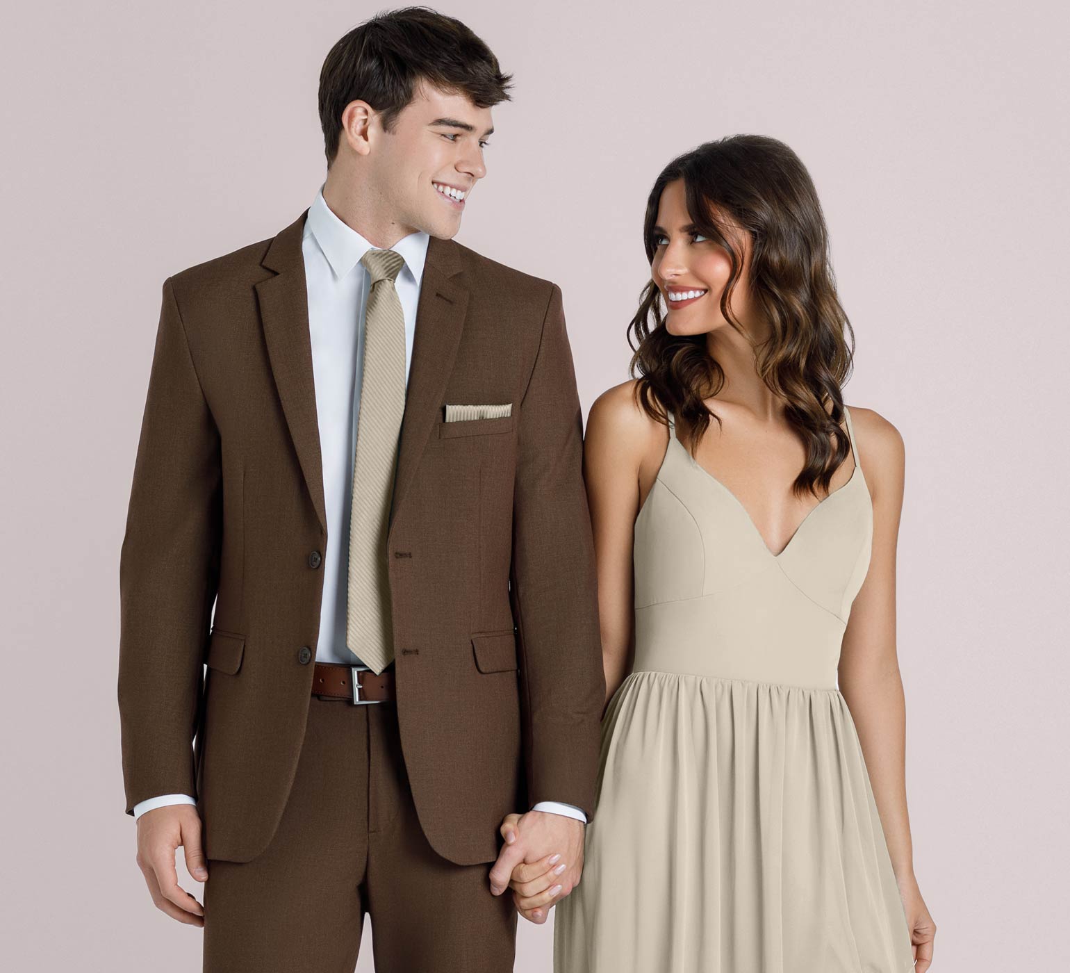 Cocoa Suit with Dew Drop Bridesmaid Dress